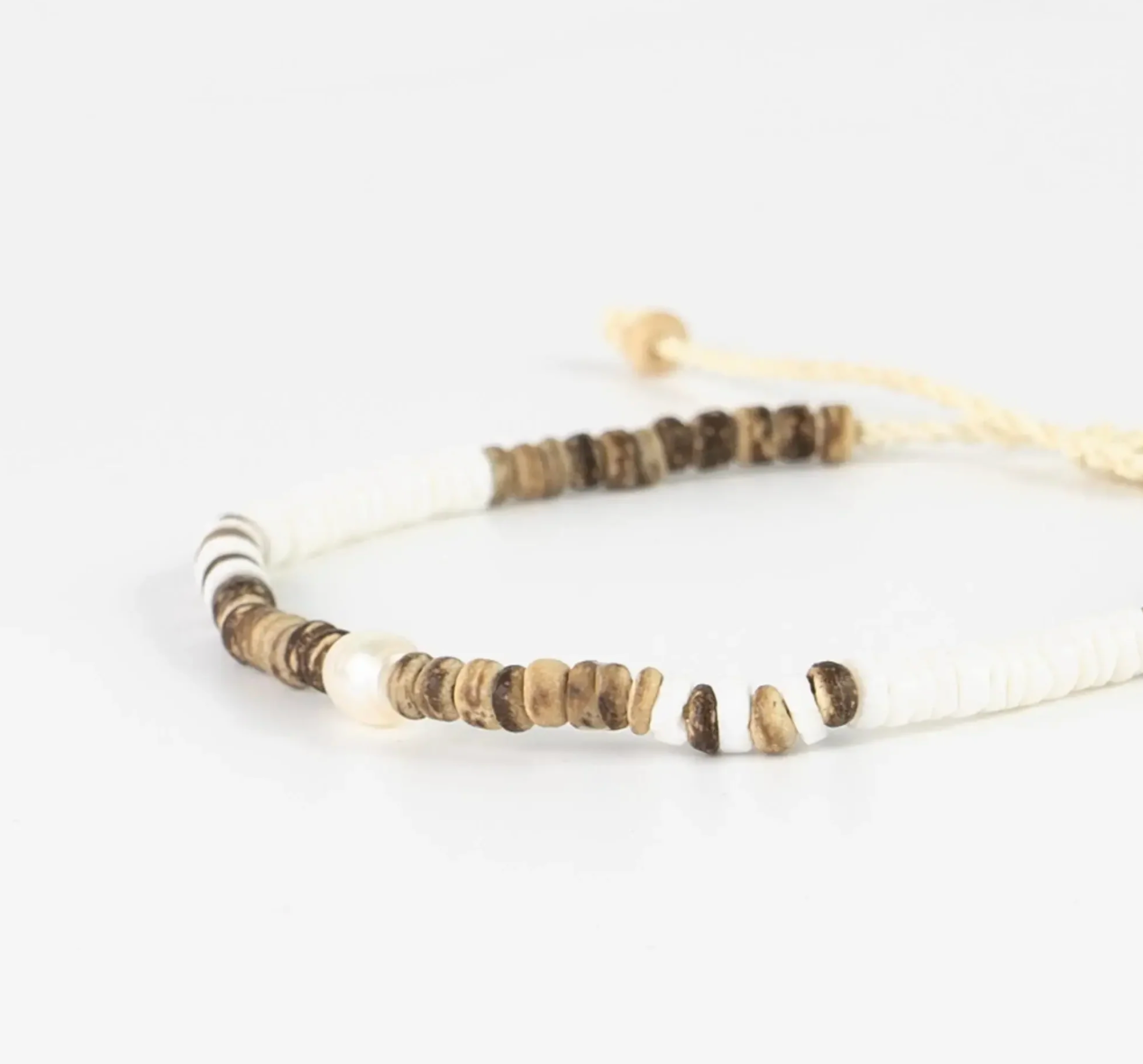 PINEAPPLE KAUAI PUKA SHELL, WOOD & PEARL ANKLET- KALA -M005