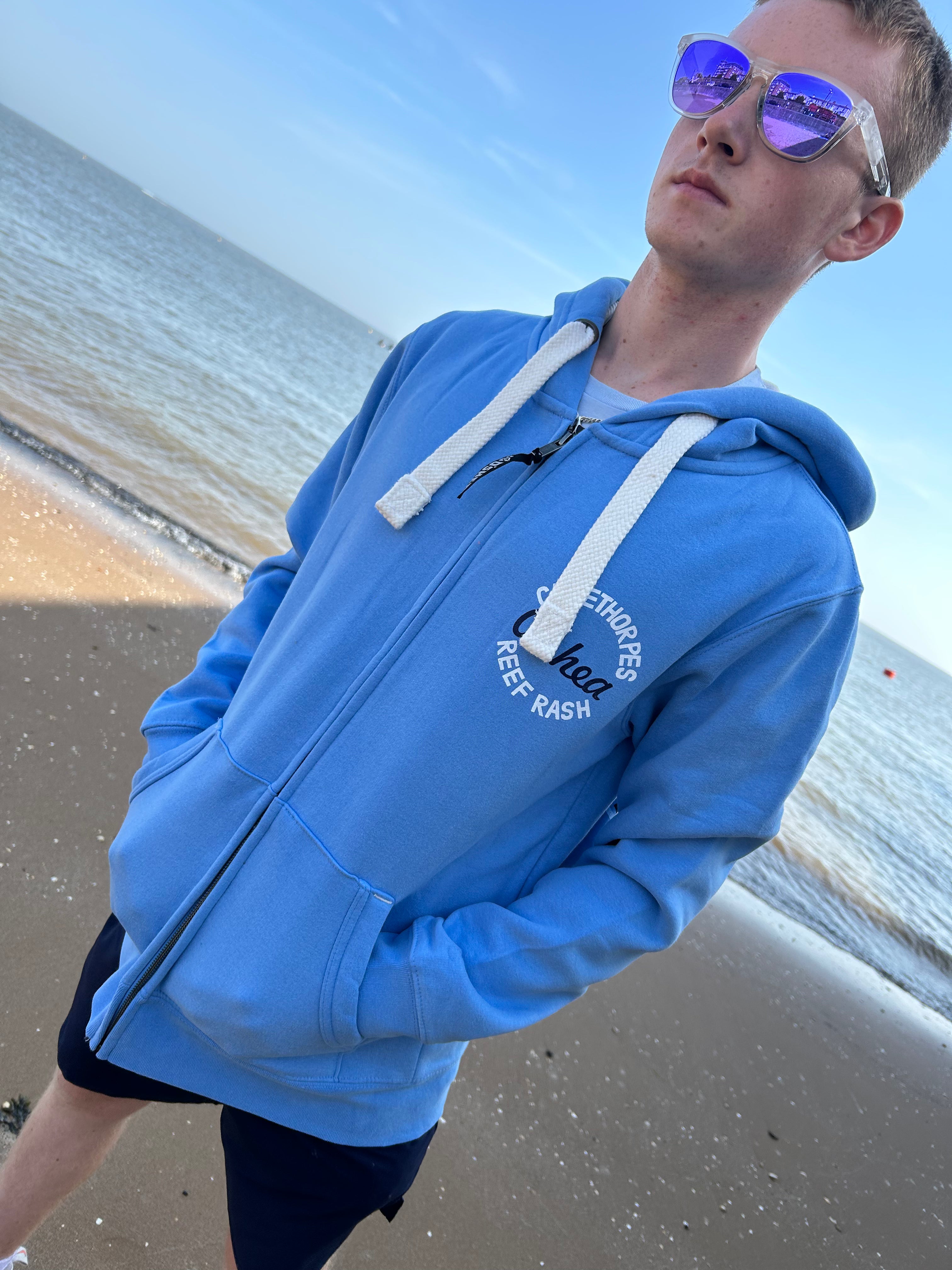 CLEETHORPES CORNFLOWER  BLUE ZIPPED - STAY SALTY -MADE IN CLEETHORPES