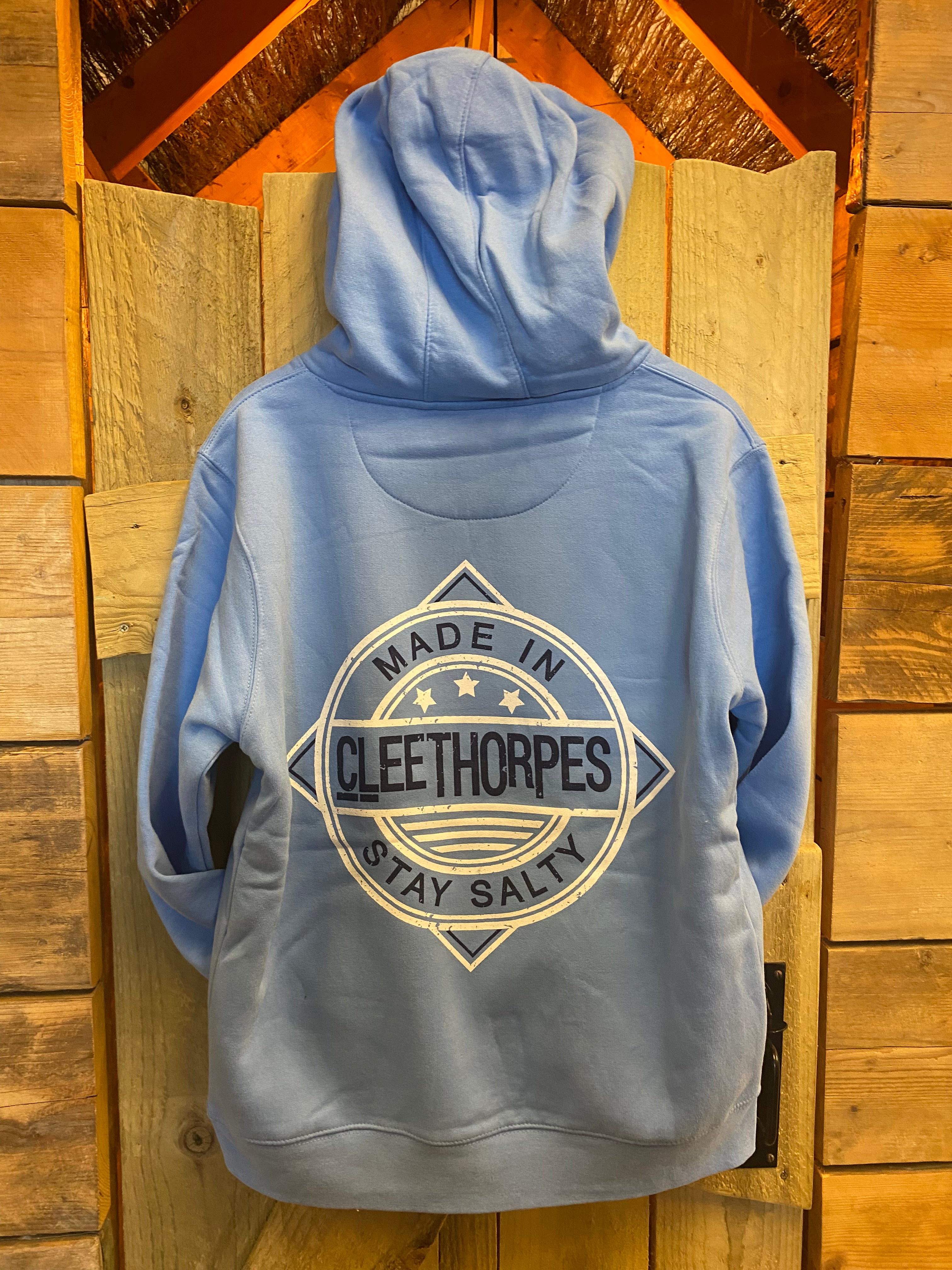 CLEETHORPES CORNFLOWER  BLUE HOODIE - STAY SALTY MADE IN CLEETHORPES