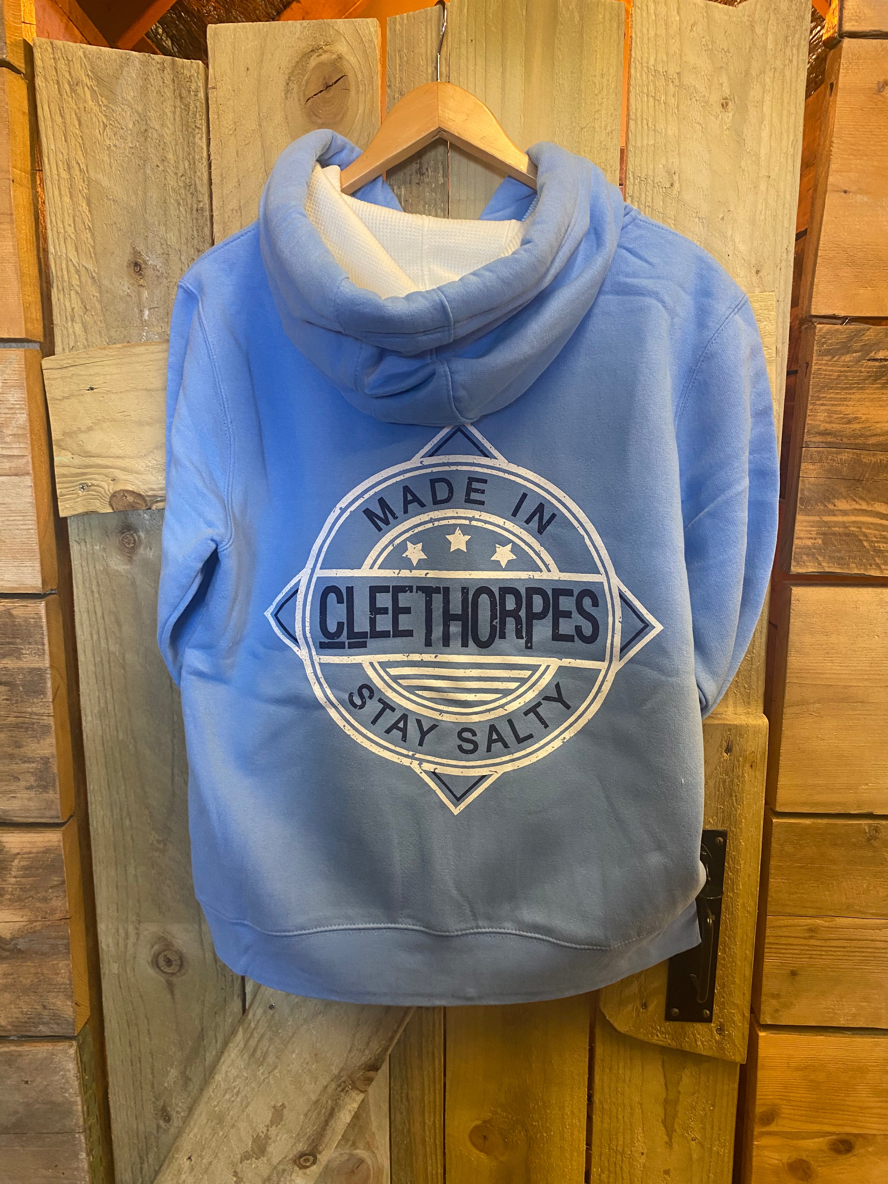 CLEETHORPES CORNFLOWER  BLUE ZIPPED - STAY SALTY -MADE IN CLEETHORPES