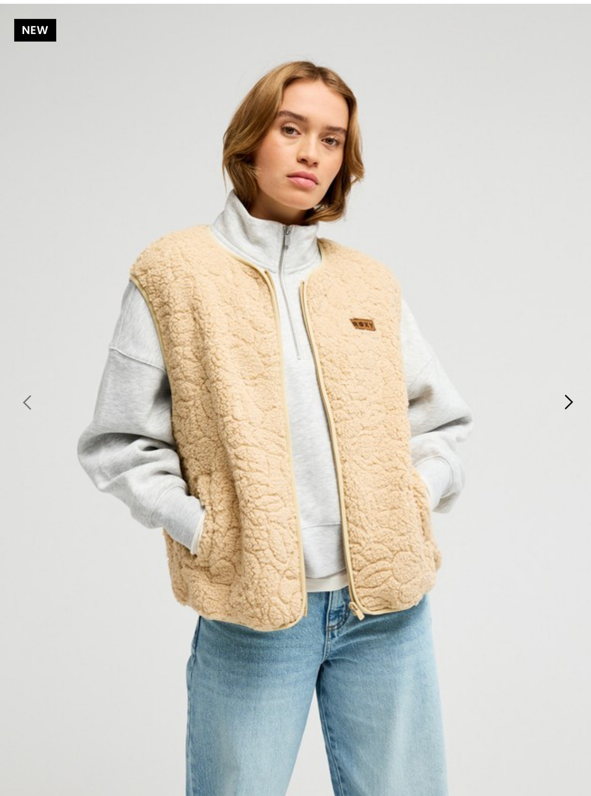 ROXY Best Town Women Beige Zip Sherpa Vest